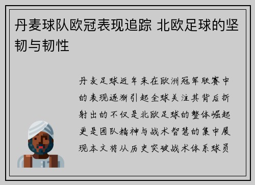 丹麦球队欧冠表现追踪 北欧足球的坚韧与韧性
